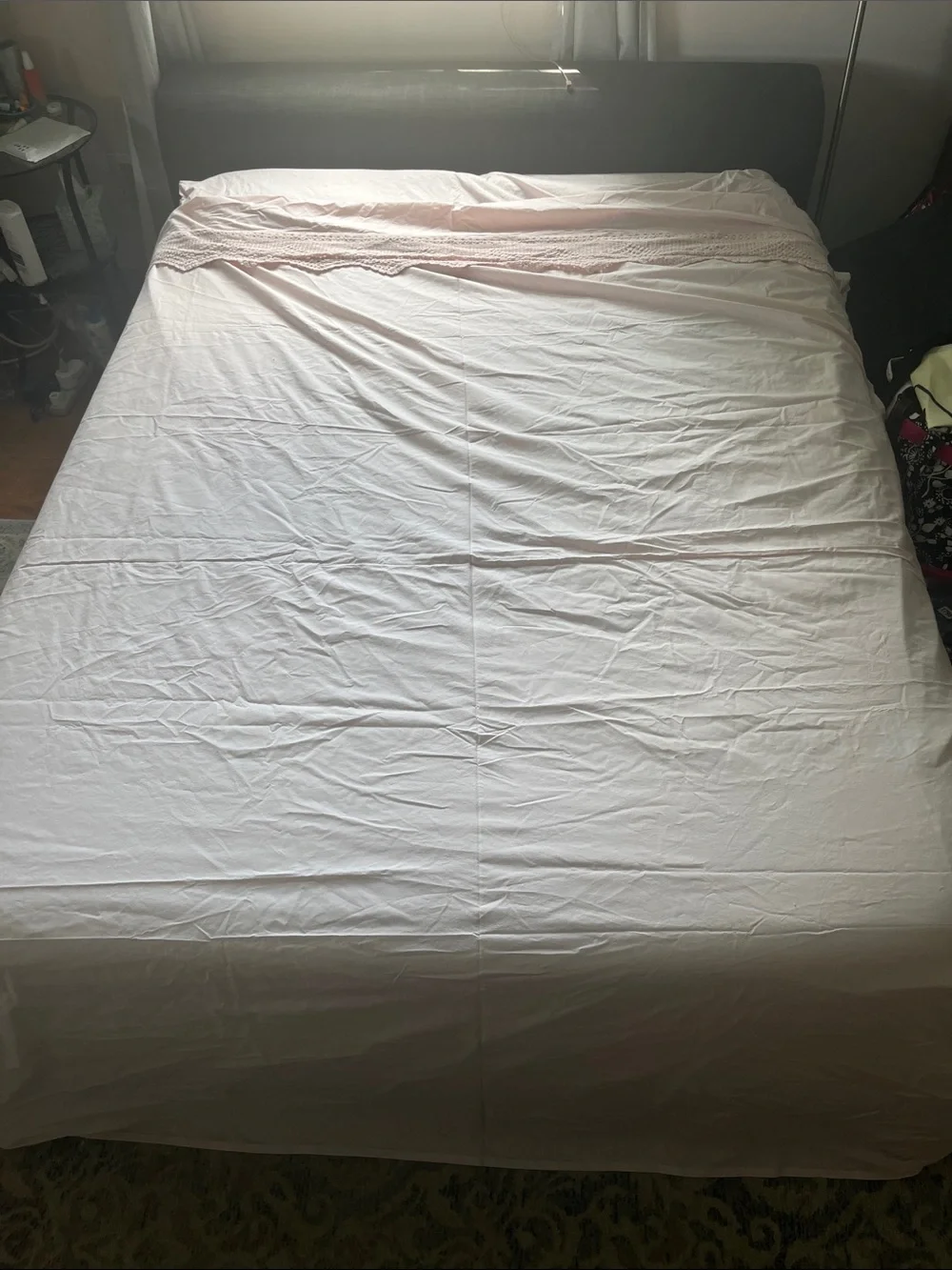 Anthropologie Pale Pink Cotton Queen Sheet Set with Crochet Lace Trim
